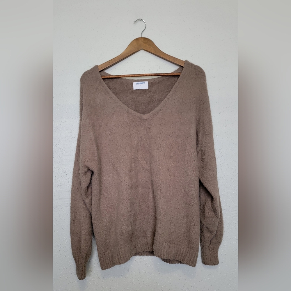 Old Navy Taupe V-Neck Fuzzy Knit Sweater